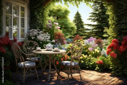 Table with chairs in the summer garden of a country house, summer vacation, flower bushes and green lawn