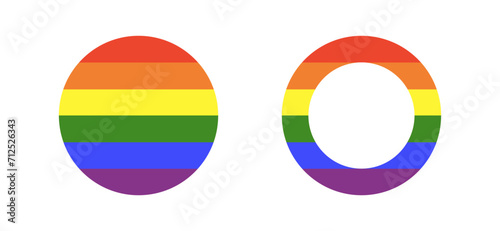 Rainbow flag. LGBT circle icon. Progress Logo symbol. Set of stickers in rainbow colors. Gay pride frames. Vector round badge, button. Template design.