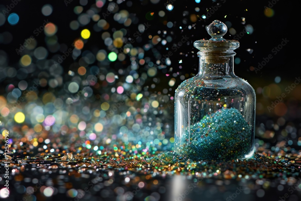 Magic potion in glass bottle on black background with glitter and bokeh Magic potion in glass bottle on black background with glitter and bokeh