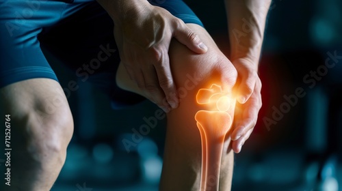 Representation of a man feeling severe knee pain. A man pressing his knee with his hands because of knee inflammation.