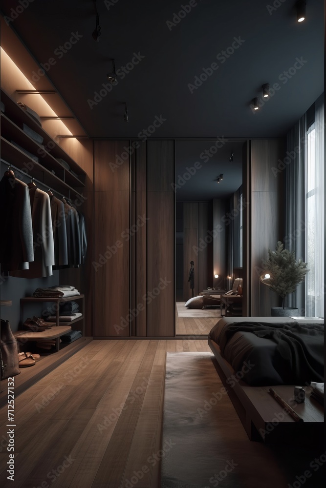 Minimalist style wardrobe with dark wooden furniture in modern house.