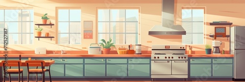 Illustration of an empty school or university kitchen with large windows and cooking utensils, banner photo