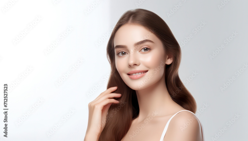 Radiant Beauty: Young Woman's Closeup Portrait - Perfect Skin, Healthy Hair, and Attractive Features - Banner of Natural Wellness, Cosmetology, and Fashionable Elegance Radiant Beauty: Young Woman's Closeup Portrait - Perfect Skin, Healthy Hair, and Attractive Features - Banner of Natural Wellness, Cosmetology, and Fashionable Elegance