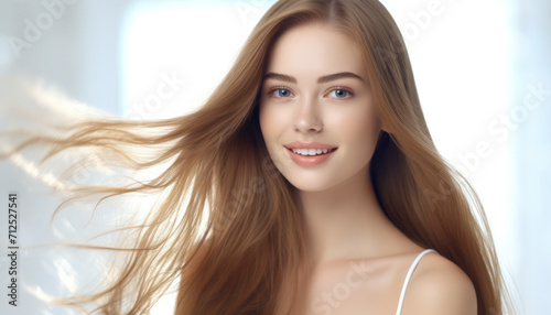 Radiant Beauty: Young Woman's Closeup Portrait - Perfect Skin, Healthy Hair, and Attractive Features - Banner of Natural Wellness, Cosmetology, and Fashionable Elegance