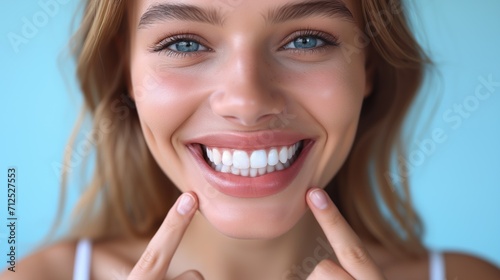 Gros plan d'une  femme souriante qui montre ses dents blanches et saines /Close-up of a smiling woman showing her healthy white teeth photo