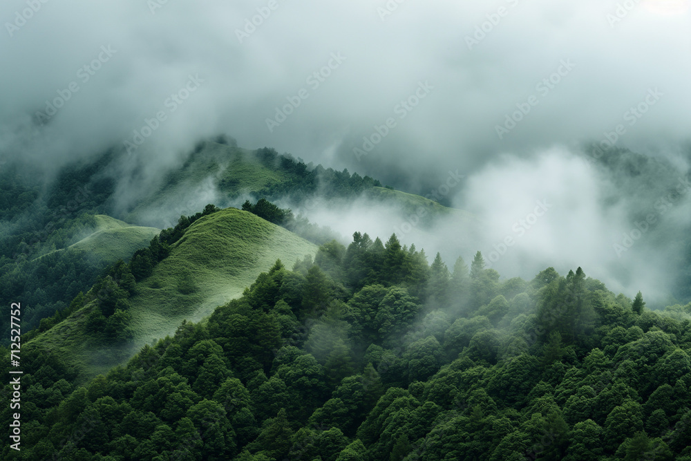The image shows a lush green forest covered in fog.