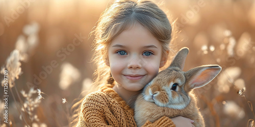 Lovely girl with companion animal, bunny rabbit, cat, dog. Generative AI photo