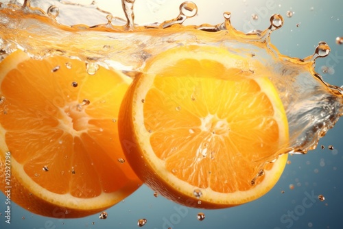 Orange slices in a splash of water and orange juice on a light background