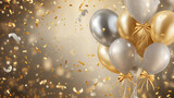 gold and silver helium balloons in the air. Surrounded by confetti.. A celebration or party.