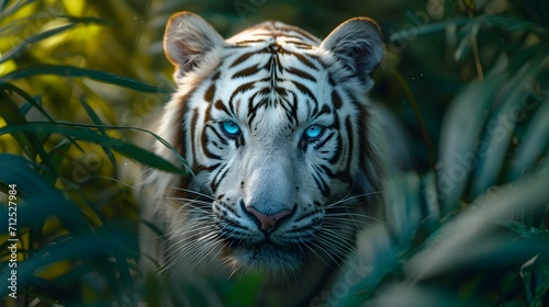 A regal white tiger surveying its domain in a lush jungle, its piercing blue eyes 