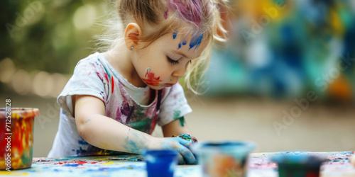 2 yr old girl making art on a canvas with various colors and tools. Toddler finger painting. Playtime and education. Young child learning and playing. photo