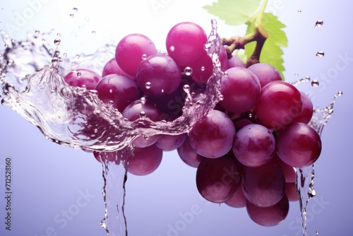 Purple grapes in a splash of water and grape juice on a white purple background