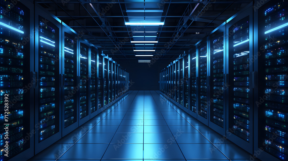 Modern Data Technology Center Server Racks in Dark Room with VFX. Visualization Concept of Internet of Things, Data Flow, Digitalization of Internet Traffic. Complex Electric Equipment Warehouse. Modern Data Technology Center Server Racks in Dark Room with VFX. Visualization Concept of Internet of Things, Data Flow, Digitalization of Internet Traffic. Complex Electric Equipment Warehouse.
