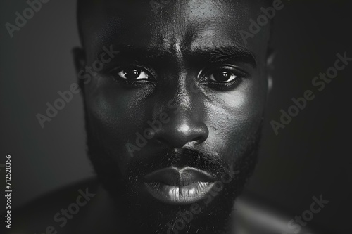 a man with very thick black skin looks intently in front of the camera