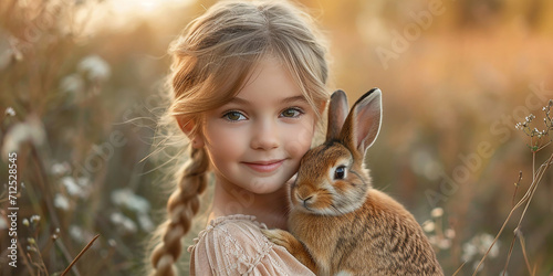 Lovely girl with companion animal, bunny rabbit, cat, dog. Generative AI © unikyluckk