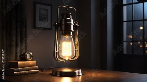 Stylish Edison lamp on a table in a dark cozy room