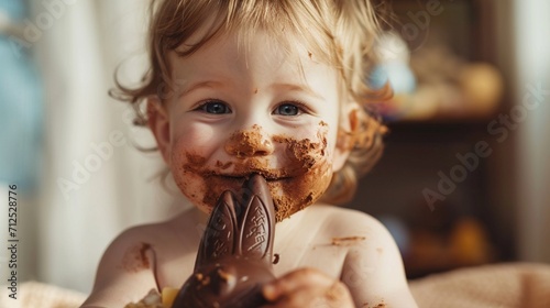 A charming toddler with a joyful mess on their face is enjoying a tasty chocolate Easter bunny photo