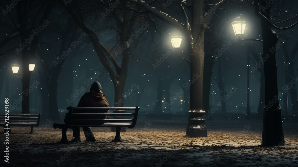 People sitting on benches in the park at night.