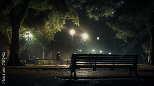 People sitting on benches in the park at night.