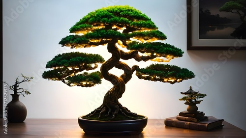 Glowing green bonsai tree on a white wall background. Oriental composition
