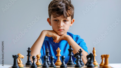 A boy of 10 years old thinking about a game of chess on a white background, children's chess league