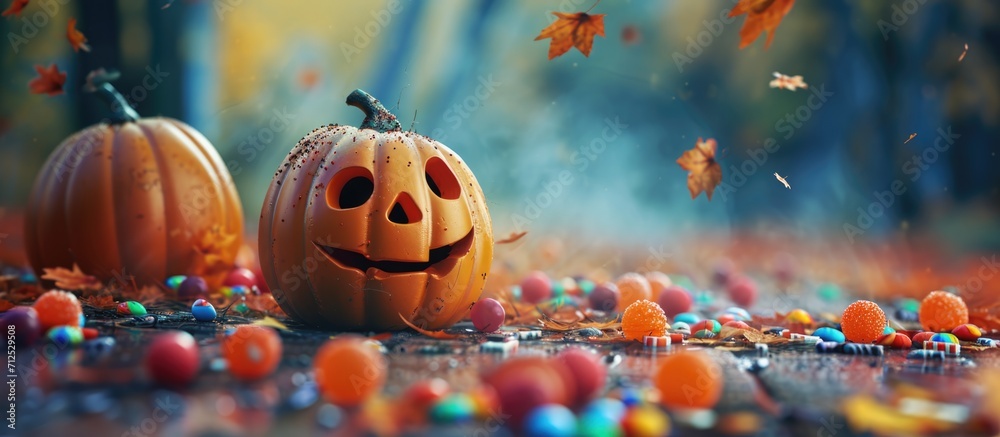 Small pumpkins with candy scattered around. Small pumpkins with candy scattered around.