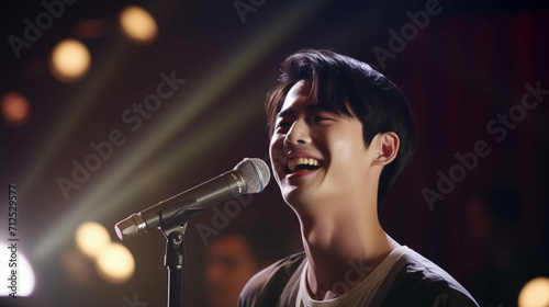 Young Asian man singing at a concert.