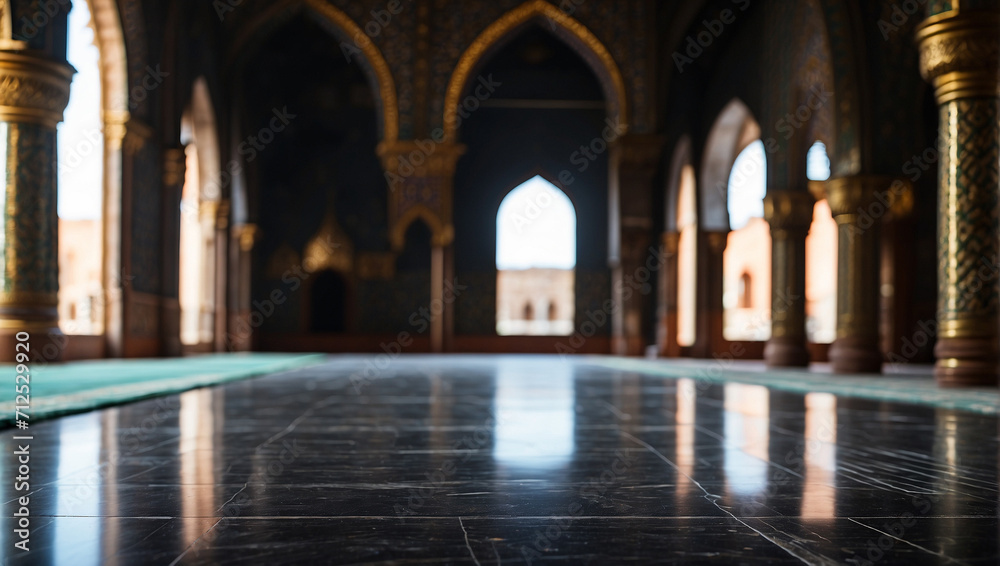Empty black marble table with blurry mosque background