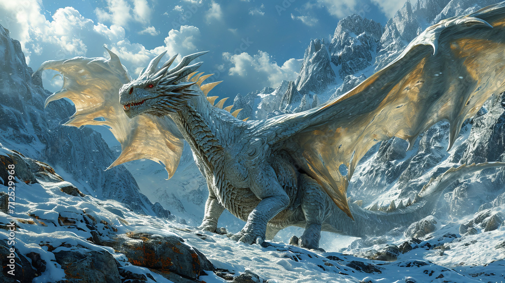 Fototapeta premium Fantasy white dragon with large, sharp wings stands on the top of the mountain