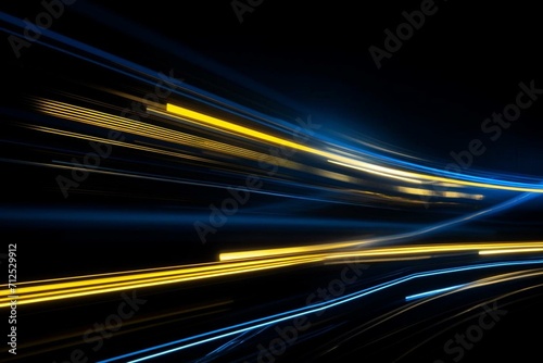 An abstract image featuring blue and yellow lines on a dark blue background, along with a black background displaying a white and blue stripe as well as a yellow and blue stripe. Generative AI