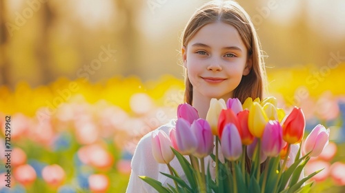 A joyful adolescent enjoying the Easter celebrations while clutching a bunch of colorful tulips