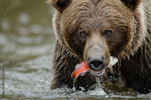 A Close-Up Shot of Grizzly Bear Hunting Salmon Fish for Eat in Wildlife Discovery Style