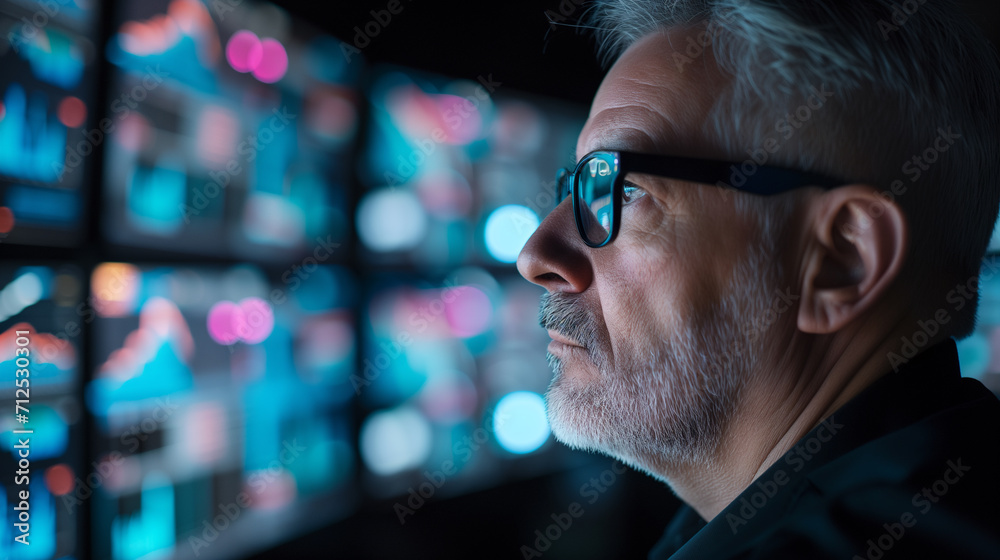 Focused Man Analyzing Data on Multiple Computer Screens Focused Man Analyzing Data on Multiple Computer Screens