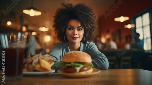 Caucasian woman eating hamburger in fast food restaurant. photo