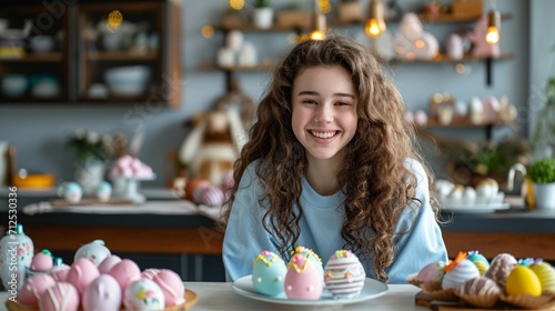 A teen girl full of excitement displays her exquisitely adorned Easter egg crafts on a chic table