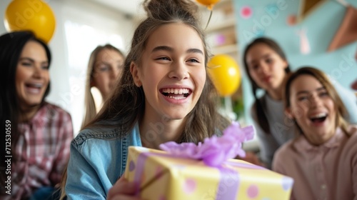 A young adolescent who is excited to receive a surprise Easter gift while surrounded by friends and relatives