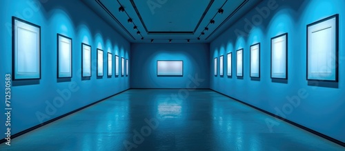 Blue-wall gallery with empty frames.