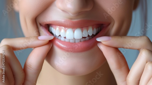 Gros plan d'une bouche de femme souriante, dents blanches et saines /Close-up of a smiling woman's mouth, with healthy white teeth photo
