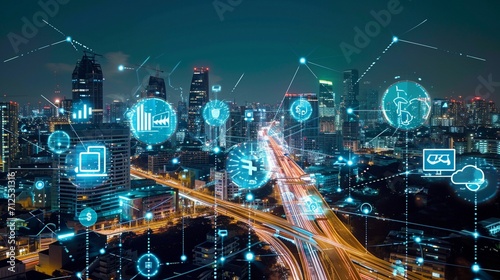 Smart city with 5G technology on top of which there generated by ai