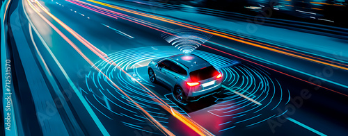 Blurred motion. Concept of autonomous or electric vehicles. Innovation in car driving. photo