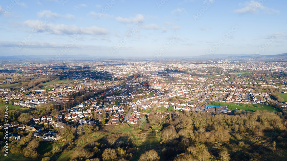 Aerial drone view of Cheltenham, England, UK, from Leckhampton Hill looking north