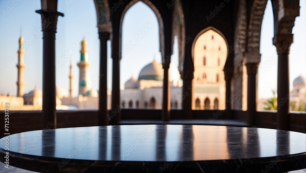 Empty black marble table with blurry mosque background