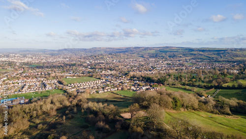Aerial drone view of Cheltenham, England, UK, from Leckhampton Hill looking north