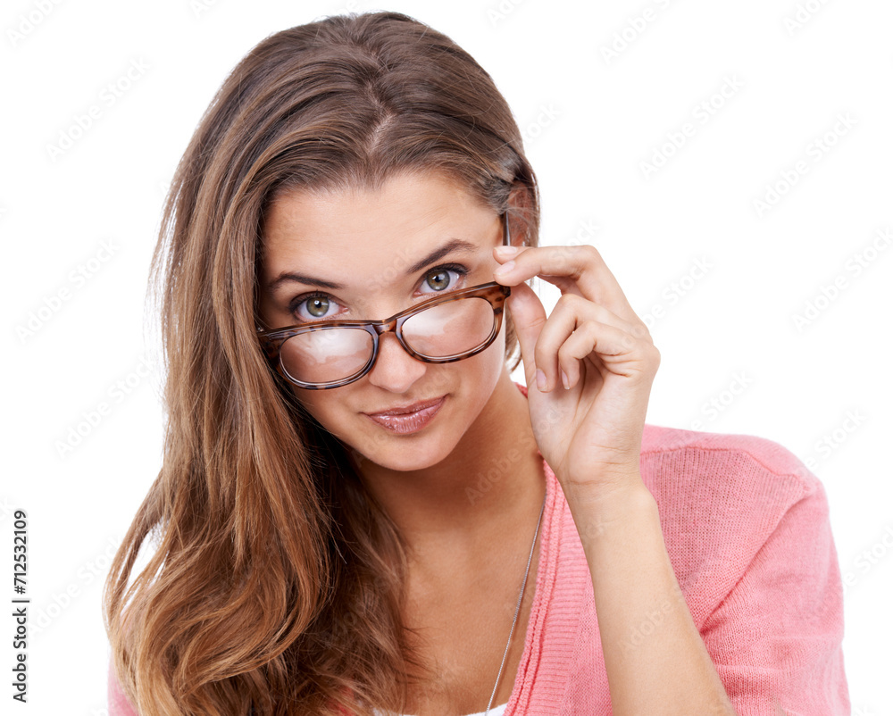 Woman, portrait and glasses for optometry wellness in studio, eyecare and prescription on white background. Female person, insurance and spectacles for eyesight, frame and optic lenses for support