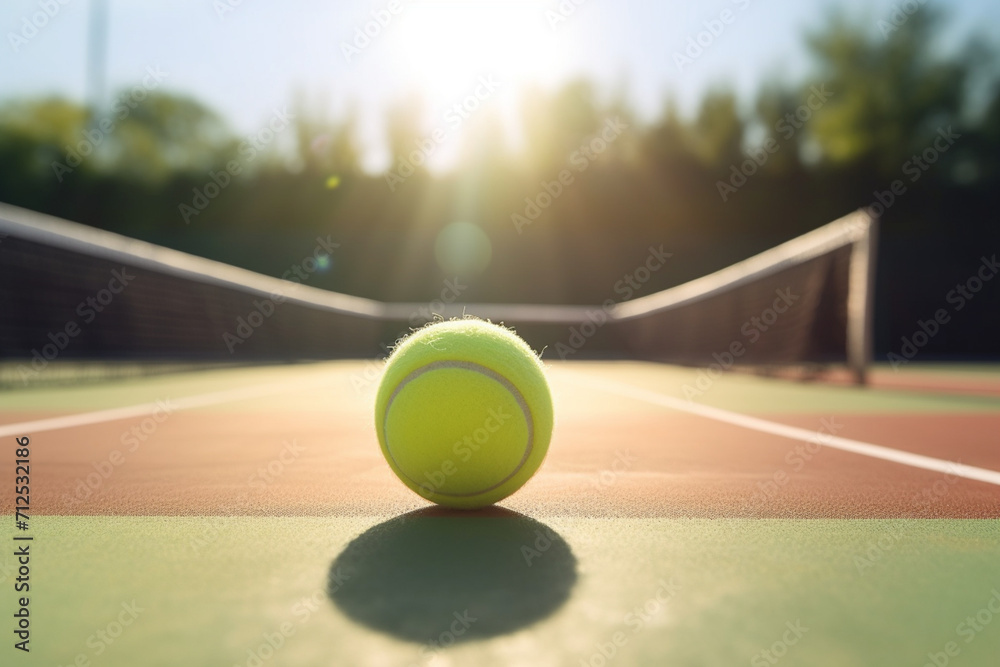 Tennis ball, racket and court ground with mockup space, blurred background or outdoor sunshine. Summer, sports equipment and mock up for training, fitness and exercise at game, contest or competition  - obrazy, fototapety, plakaty 