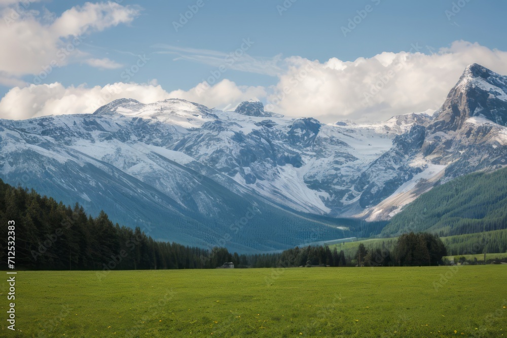 Scenic Alpine Meadow Nestled in the Mountains with Lush Greenery, Snow-Capped Peaks, and a Tranquil Summer Sky – a Breathtaking Panorama of Nature in the Austrian Alps