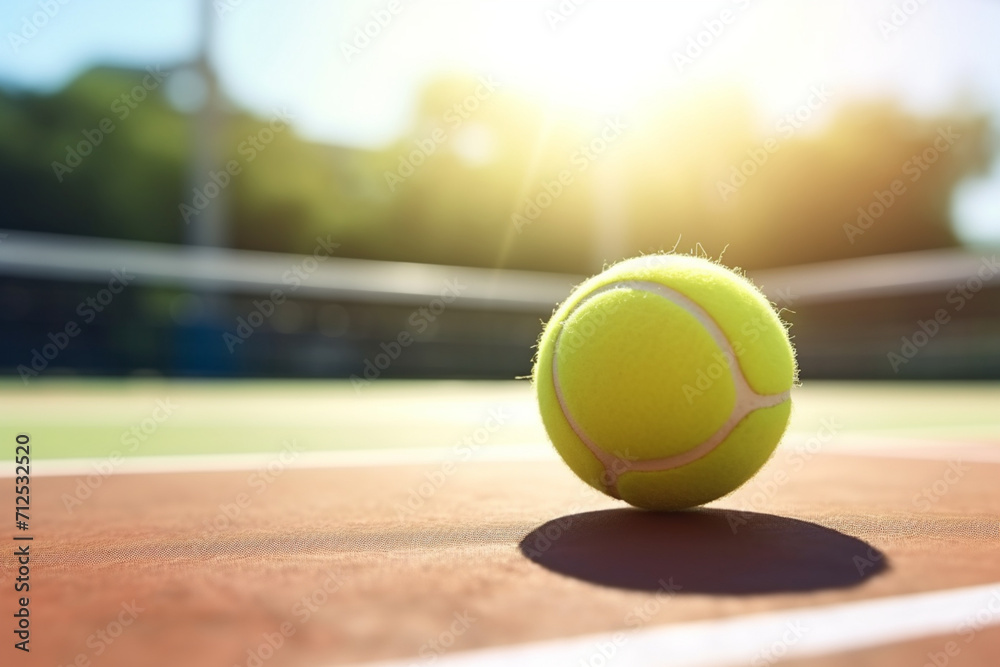 Tennis ball, racket and court ground with mockup space, blurred background or outdoor sunshine. Summer, sports equipment and mock up for training, fitness and exercise at game, contest or competition 