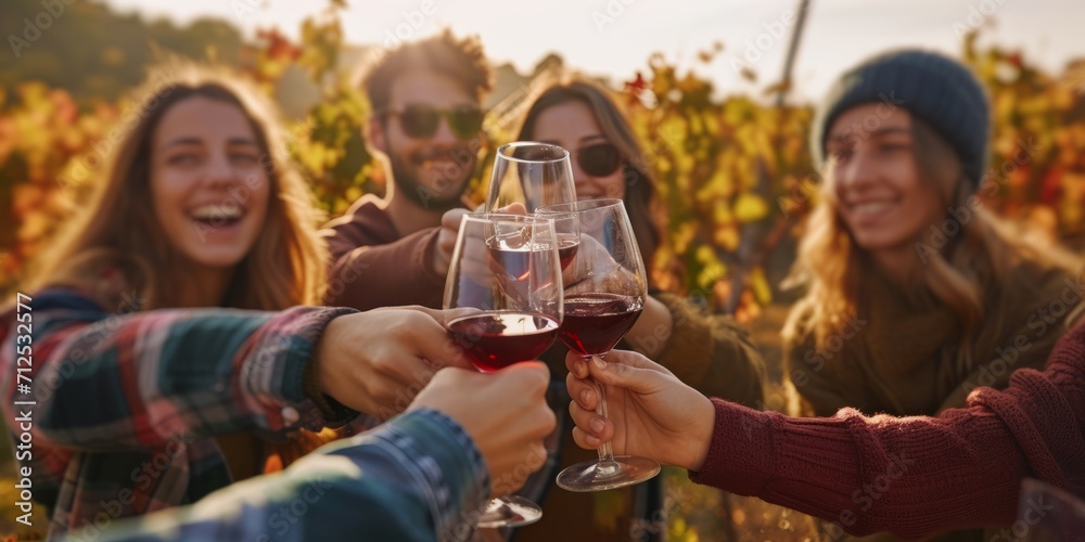 friends clink glasses drinking wine in a grape field Generative AI