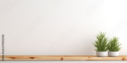 Isolated white background, product placement or montage focus on empty pine wooden shelf.