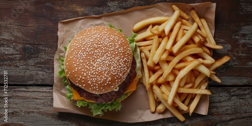 burger with fries sauce top view Generative AI